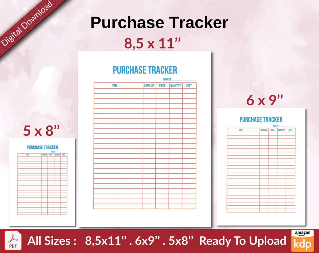 Purchase Tracker KDP interior Ready To Upload, Sizes 8.5×11 6×9 5×8 inch PDF FILE Used as Amazon KDP Paperback Low Content Book, journal, Notebook, Planner, COMMERCIAL Use
