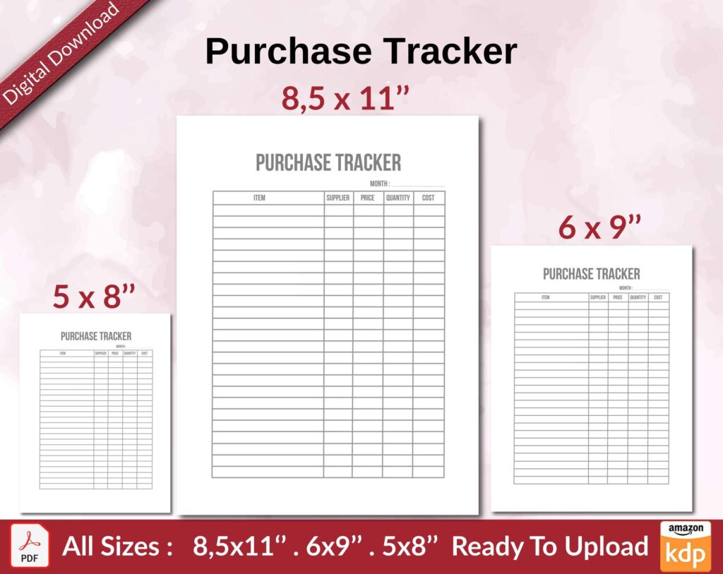 Purchase Tracker KDP interior Ready To Upload, Sizes 8.5×11 6×9 5×8 inch PDF FILE Used as Amazon KDP Paperback Low Content Book, journal, Notebook, Planner, COMMERCIAL Use