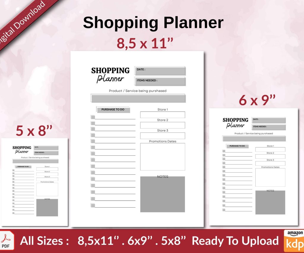 Shopping Planner KDP interior Ready To Upload, Sizes 8.5×11 6×9 5×8 inch PDF FILE Used as Amazon KDP Paperback Low Content Book, journal, Notebook, Planner, COMMERCIAL Use