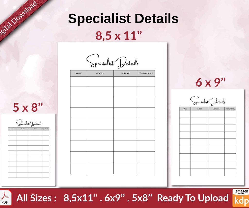 Specialist Details KDP interior Ready To Upload, Sizes 8.5×11 6×9 5×8 inch PDF FILE Used as Amazon KDP Paperback Low Content Book, journal, Notebook, Planner, COMMERCIAL Use