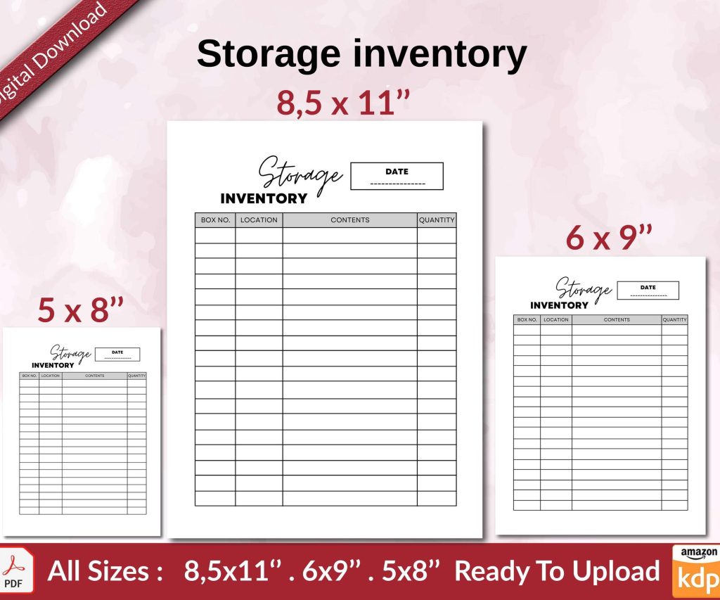 Storage inventory KDP interior Ready To Upload, Sizes 8.5×11 6×9 5×8 inch PDF FILE Used as Amazon KDP Paperback Low Content Book, journal, Notebook, Planner, COMMERCIAL Use