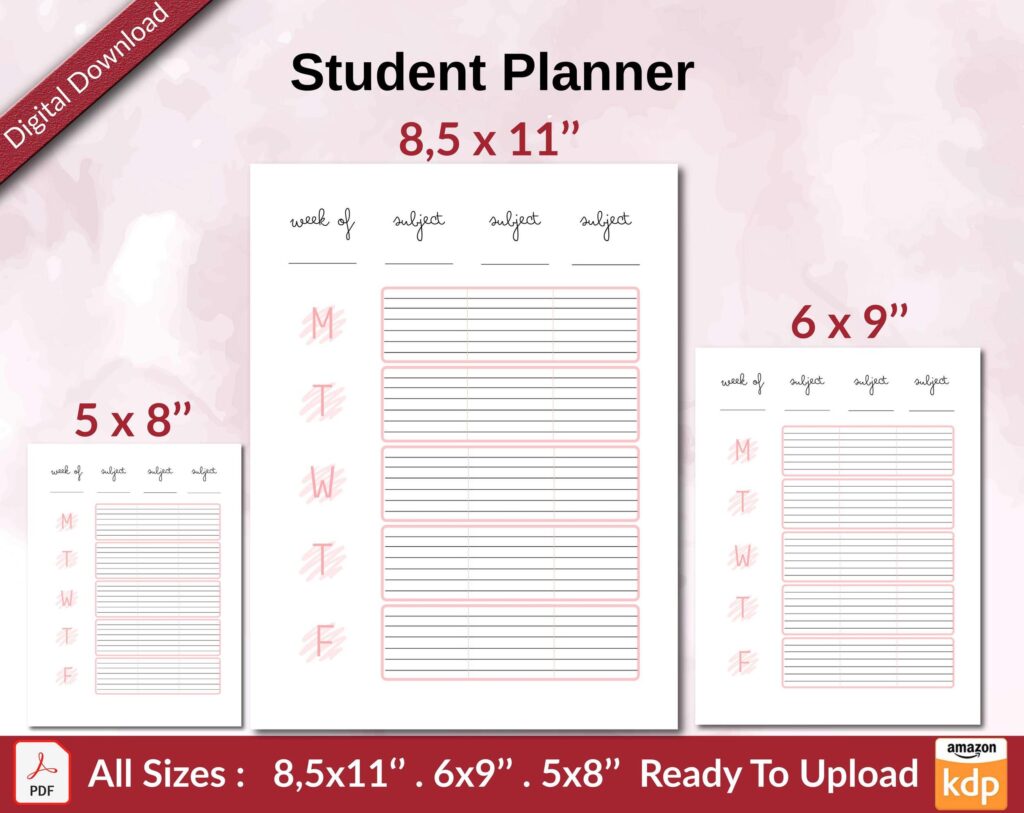 Student Planner KDP interior Ready To Upload, Sizes 8.5×11 6×9 5×8 inch PDF FILE Used as Amazon KDP Paperback Low Content Book, journal, Notebook, Planner, COMMERCIAL Use