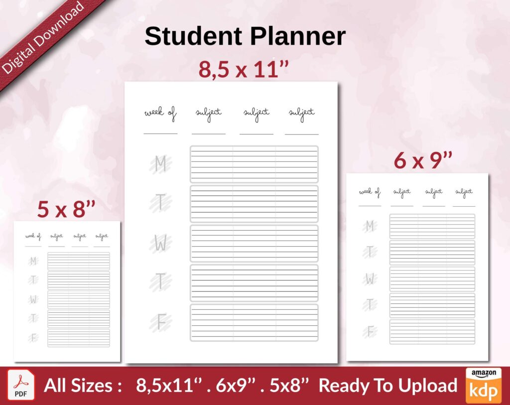 Student Planner KDP interior Ready To Upload, Sizes 8.5×11 6×9 5×8 inch PDF FILE Used as Amazon KDP Paperback Low Content Book, journal, Notebook, Planner, COMMERCIAL Use