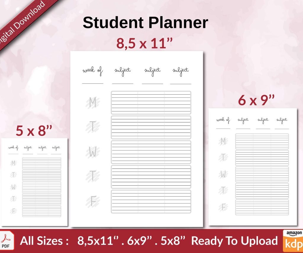 Student Planner KDP interior Ready To Upload, Sizes 8.5×11 6×9 5×8 inch PDF FILE Used as Amazon KDP Paperback Low Content Book, journal, Notebook, Planner, COMMERCIAL Use
