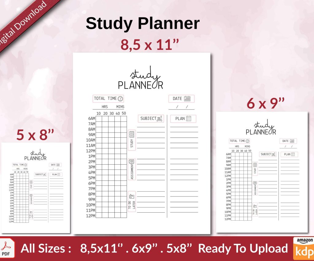 Study Planner KDP interior Ready To Upload, Sizes 8.5×11 6×9 5×8 inch PDF FILE Used as Amazon KDP Paperback Low Content Book, journal, Notebook, Planner, COMMERCIAL Use
