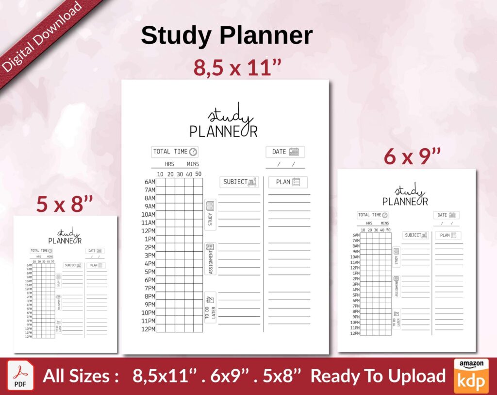Study Planner KDP interior Ready To Upload, Sizes 8.5×11 6×9 5×8 inch PDF FILE Used as Amazon KDP Paperback Low Content Book, journal, Notebook, Planner, COMMERCIAL Use