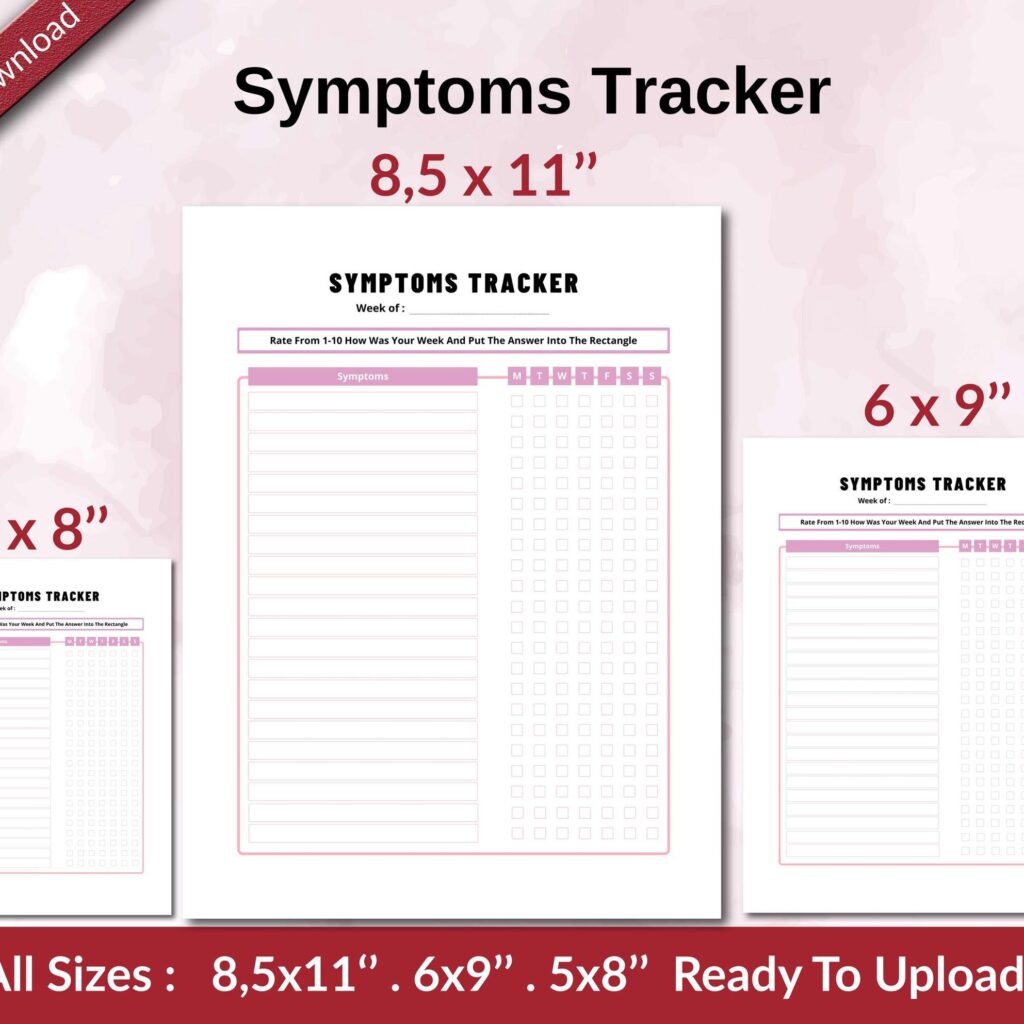 Symptoms Tracker KDP interior Ready To Upload, Sizes 8.5×11 6×9 5×8 inch PDF FILE Used as Amazon KDP Paperback Low Content Book, journal, Notebook, Planner, COMMERCIAL Use