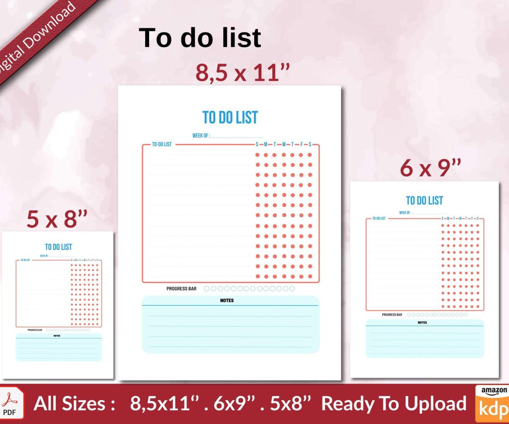 To do list KDP interior Ready To Upload, Sizes 8.5×11 6×9 5×8 inch PDF FILE Used as Amazon KDP Paperback Low Content Book, journal, Notebook, Planner, COMMERCIAL Use