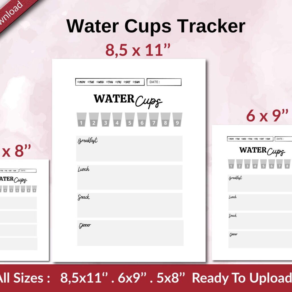 Water Cups Tracker KDP interior Ready To Upload, Sizes 8.5×11 6×9 5×8 inch PDF FILE Used as Amazon KDP Paperback Low Content Book, journal, Notebook, Planner, COMMERCIAL Use