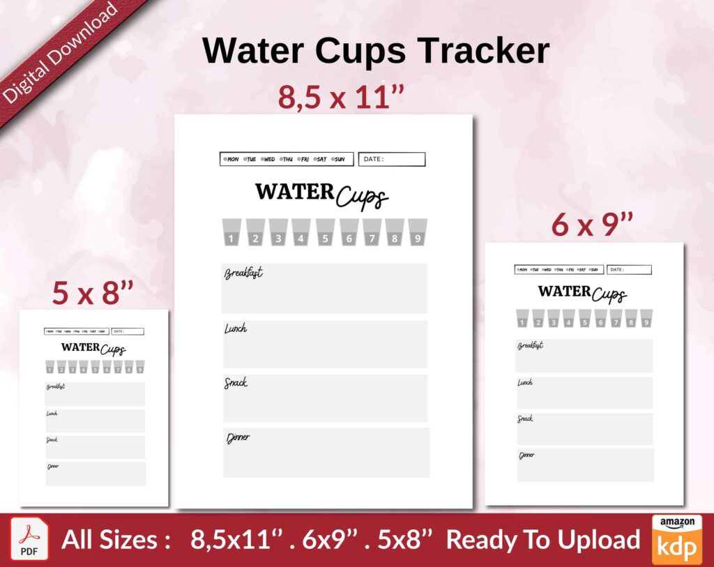 Water Cups Tracker KDP interior Ready To Upload, Sizes 8.5×11 6×9 5×8 inch PDF FILE Used as Amazon KDP Paperback Low Content Book, journal, Notebook, Planner, COMMERCIAL Use