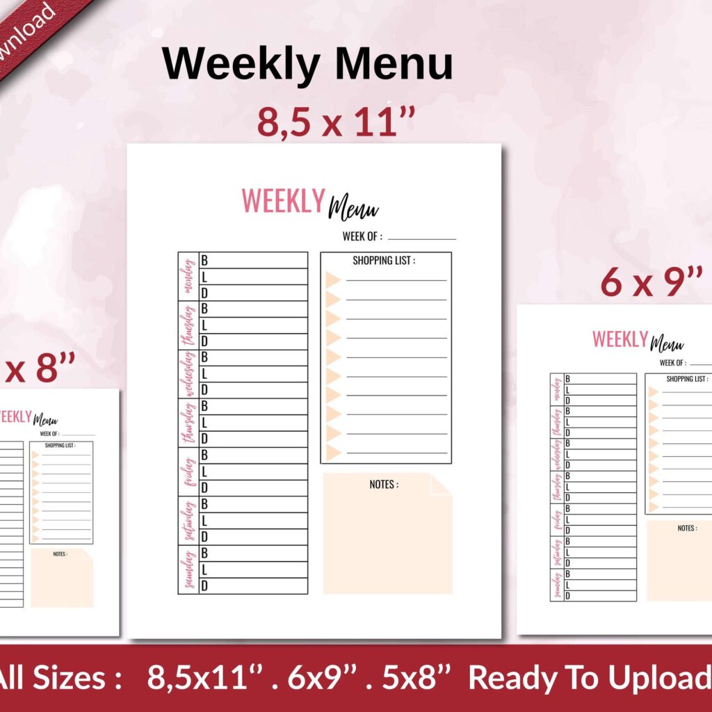 Weekly Menu KDP interior Ready To Upload, Sizes 8.5×11 6×9 5×8 inch PDF FILE Used as Amazon KDP Paperback Low Content Book, journal, Notebook, Planner, COMMERCIAL Use