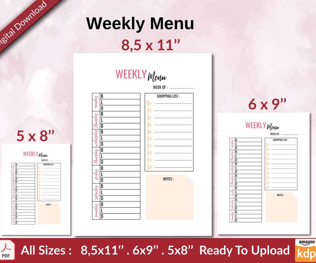 Weekly Menu KDP interior Ready To Upload, Sizes 8.5×11 6×9 5×8 inch PDF FILE Used as Amazon KDP Paperback Low Content Book, journal, Notebook, Planner, COMMERCIAL Use