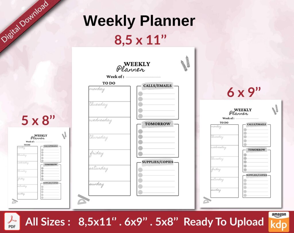 Weekly Planner KDP interior Ready To Upload, Sizes 8.5×11 6×9 5×8 inch PDF FILE Used as Amazon KDP Paperback Low Content Book, journal, Notebook, Planner, COMMERCIAL Use