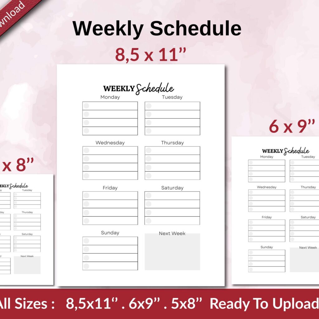 Weekly Schedule KDP interior Ready To Upload, Sizes 8.5×11 6×9 5×8 inch PDF FILE Used as Amazon KDP Paperback Low Content Book, journal, Notebook, Planner, COMMERCIAL Use