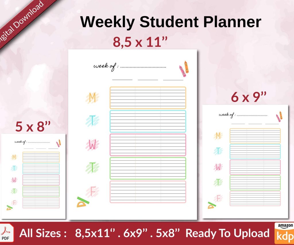 Weekly Student Planner KDP interior Ready To Upload, Sizes 8.5×11 6×9 5×8 inch PDF FILE Used as Amazon KDP Paperback Low Content Book, journal, Notebook, Planner, COMMERCIAL Use