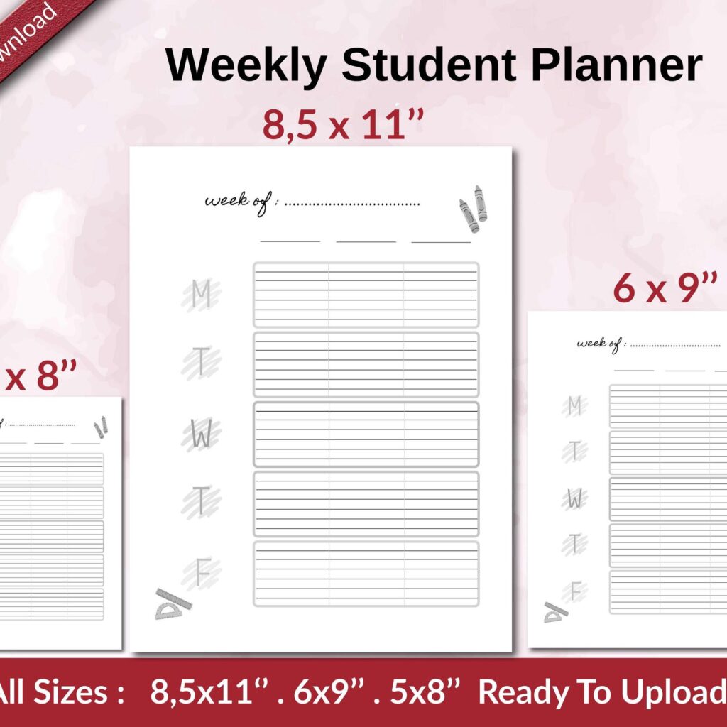 Weekly Student Planner KDP interior Ready To Upload, Sizes 8.5×11 6×9 5×8 inch PDF FILE Used as Amazon KDP Paperback Low Content Book, journal, Notebook, Planner, COMMERCIAL Use