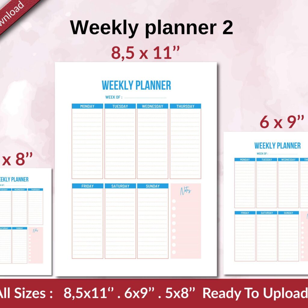 Weekly planner 2 KDP interior Ready To Upload, Sizes 8.5×11 6×9 5×8 inch PDF FILE Used as Amazon KDP Paperback Low Content Book, journal, Notebook, Planner, COMMERCIAL Use