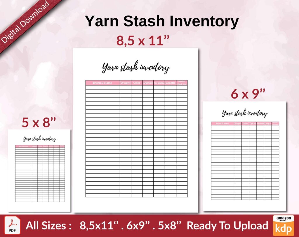Yarn Stash Inventory KDP interior Ready To Upload, Sizes 8.5×11 6×9 5×8 inch PDF FILE Used as Amazon KDP Paperback Low Content Book, journal, Notebook, Planner, COMMERCIAL Use