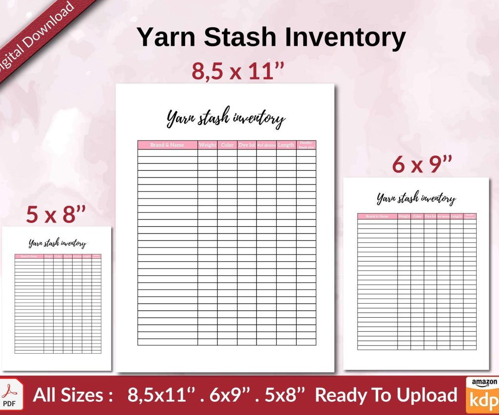 Yarn Stash Inventory KDP interior Ready To Upload, Sizes 8.5×11 6×9 5×8 inch PDF FILE Used as Amazon KDP Paperback Low Content Book, journal, Notebook, Planner, COMMERCIAL Use
