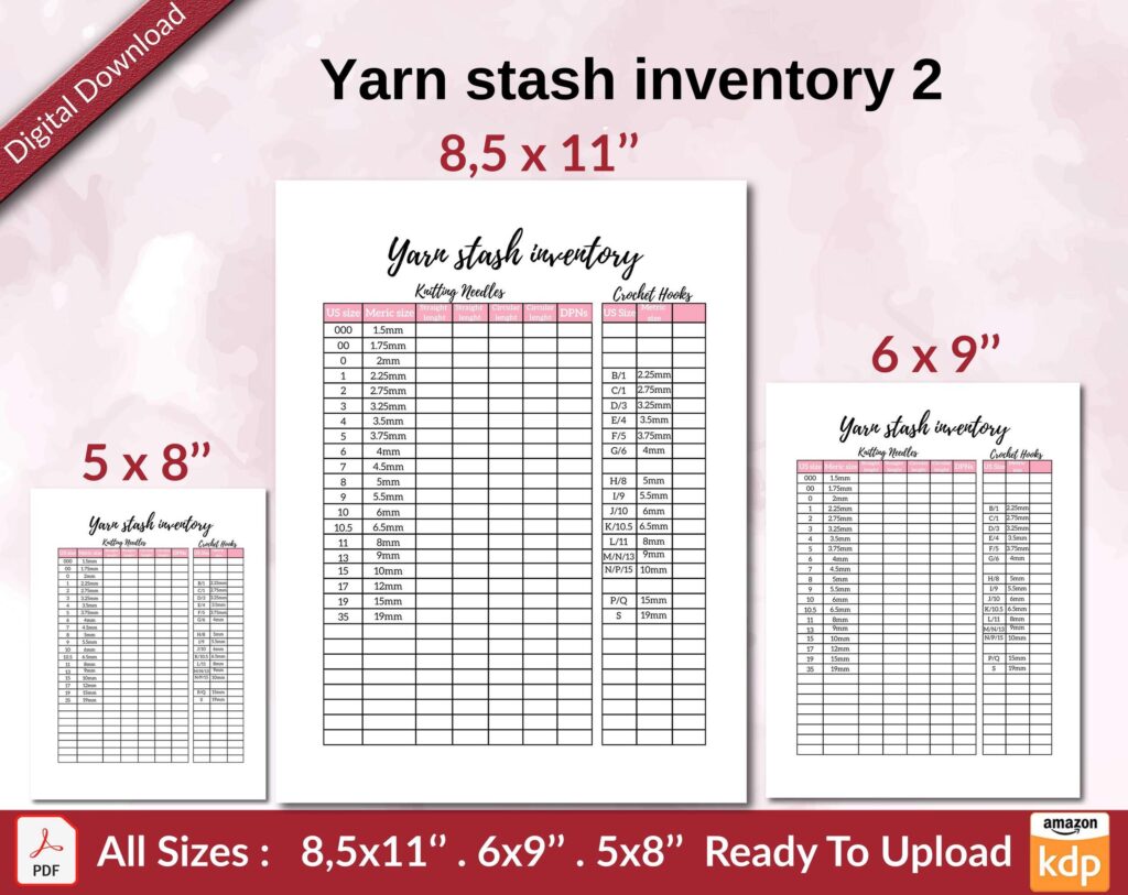 Yarn stash inventory 2 KDP interior Ready To Upload, Sizes 8.5×11 6×9 5×8 inch PDF FILE Used as Amazon KDP Paperback Low Content Book, journal, Notebook, Planner, COMMERCIAL Use