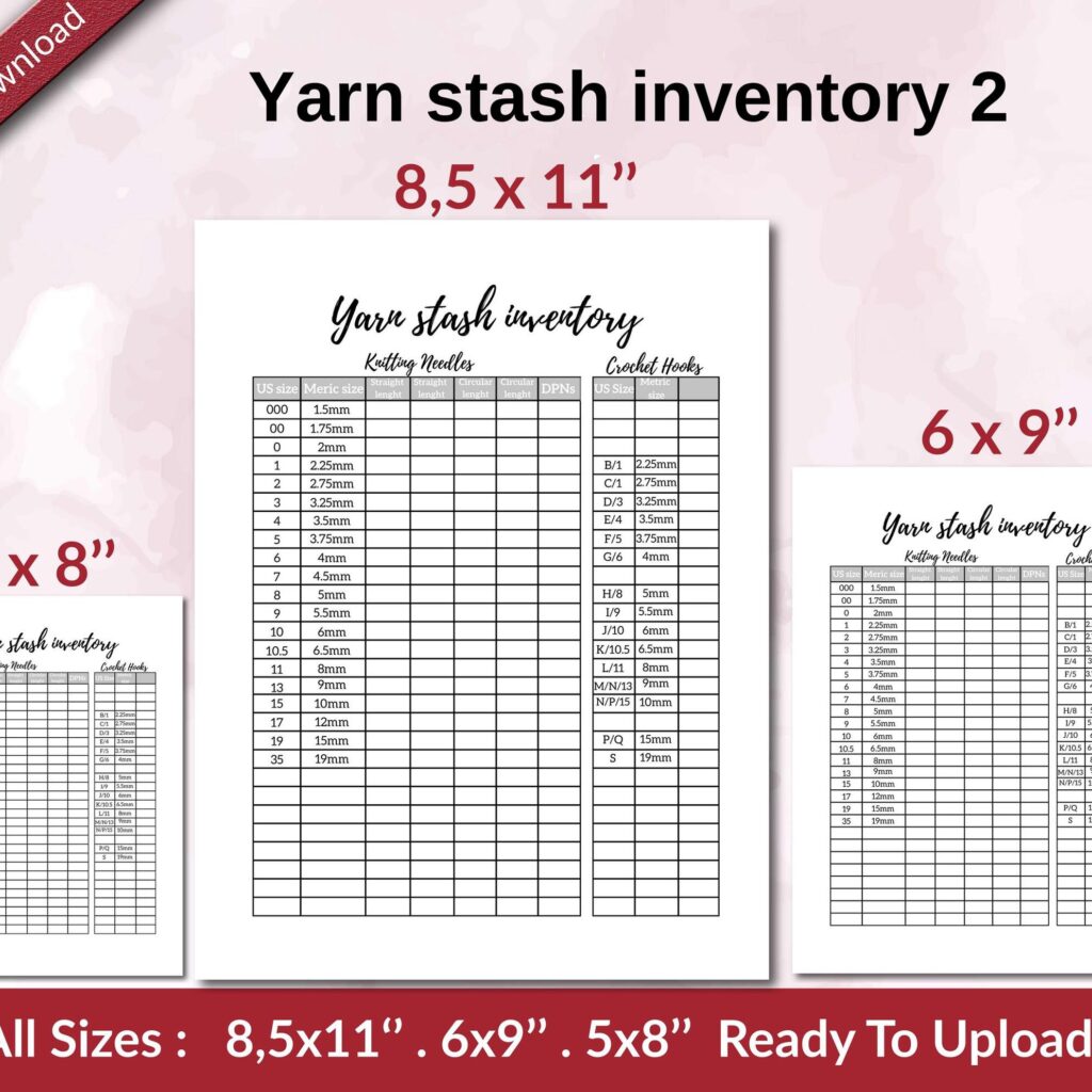 Yarn stash inventory 2 KDP interior Ready To Upload, Sizes 8.5×11 6×9 5×8 inch PDF FILE Used as Amazon KDP Paperback Low Content Book, journal, Notebook, Planner, COMMERCIAL Use