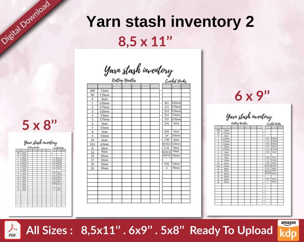 Yarn stash inventory 2 KDP interior Ready To Upload, Sizes 8.5×11 6×9 5×8 inch PDF FILE Used as Amazon KDP Paperback Low Content Book, journal, Notebook, Planner, COMMERCIAL Use