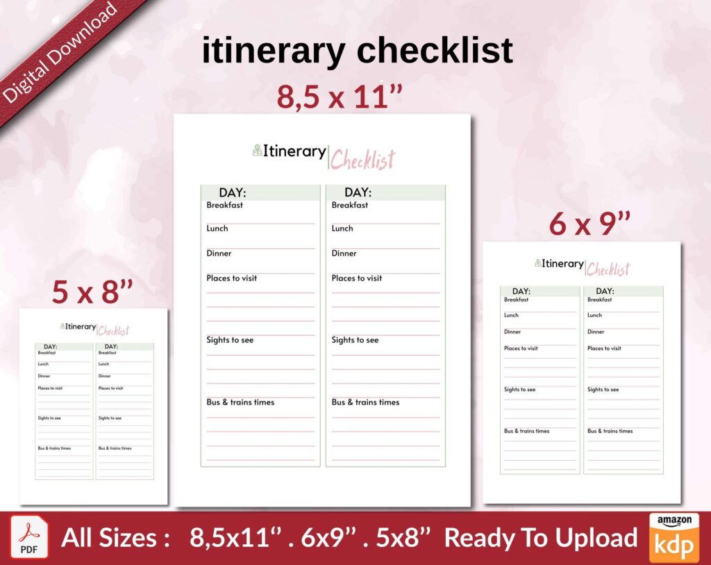 itinerary checklist KDP interior Ready To Upload, Sizes 8.5×11 6×9 5×8 inch PDF FILE Used as Amazon KDP Paperback Low Content Book, journal, Notebook, Planner, COMMERCIAL Use