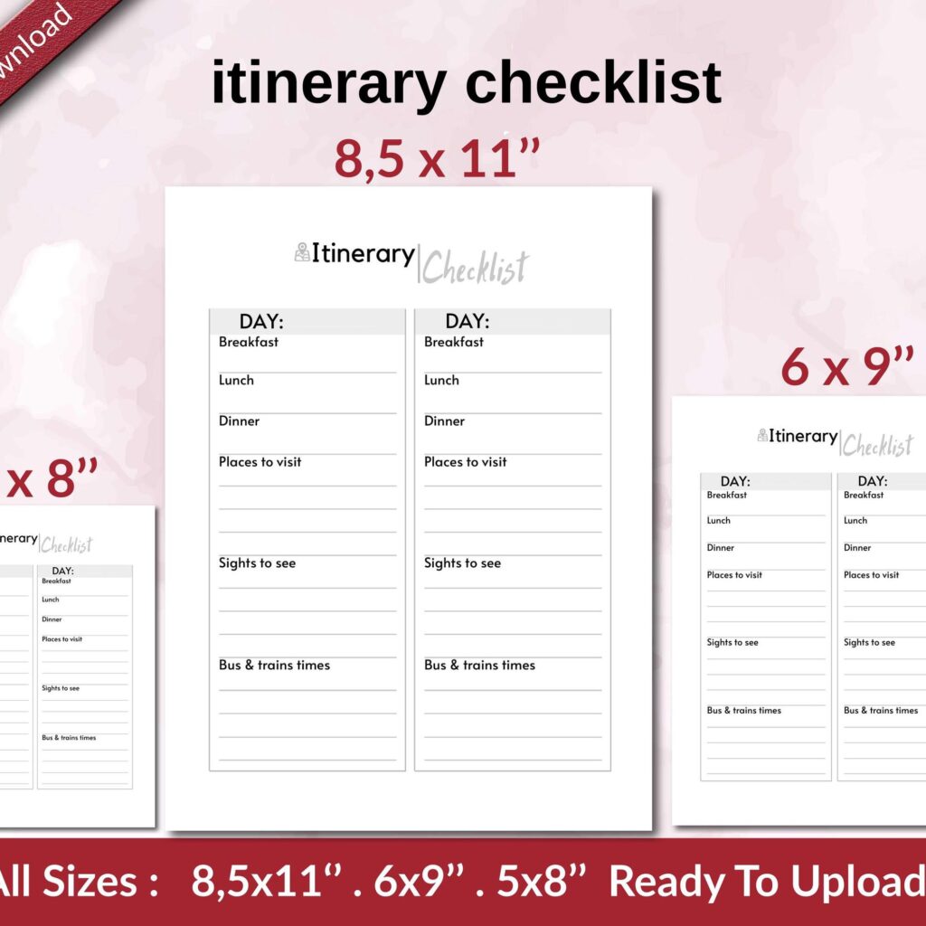 itinerary checklist KDP interior Ready To Upload, Sizes 8.5×11 6×9 5×8 inch PDF FILE Used as Amazon KDP Paperback Low Content Book, journal, Notebook, Planner, COMMERCIAL Use