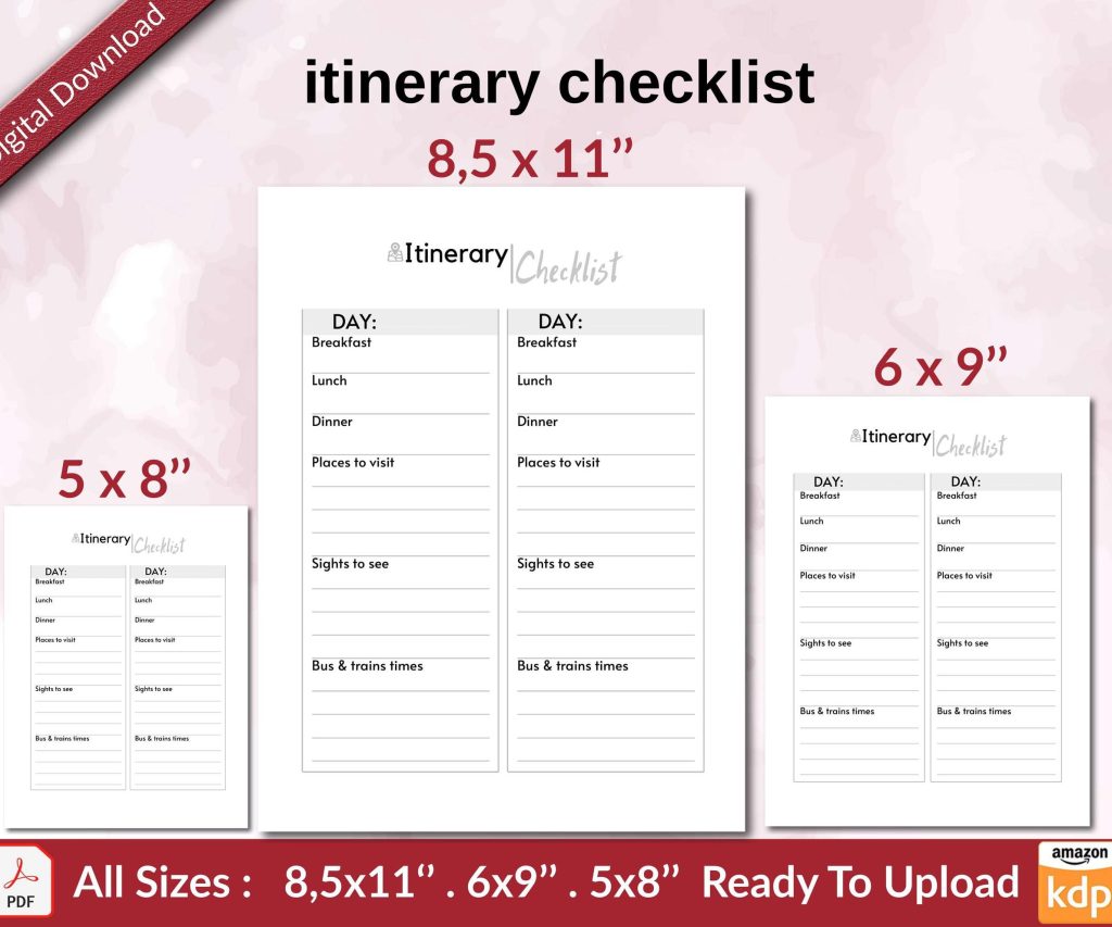 itinerary checklist KDP interior Ready To Upload, Sizes 8.5×11 6×9 5×8 inch PDF FILE Used as Amazon KDP Paperback Low Content Book, journal, Notebook, Planner, COMMERCIAL Use