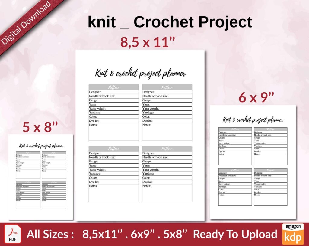 knit Crochet Project KDP interior Ready To Upload, Sizes 8.5×11 6×9 5×8 inch PDF FILE Used as Amazon KDP Paperback Low Content Book, journal, Notebook, Planner, COMMERCIAL Use