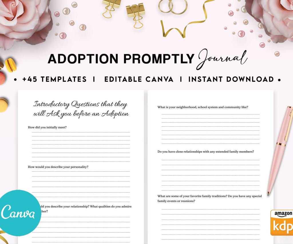Adoption Promptly Journal 46 Editable Templates, 8.5×11″ Canva KDP Planner editable interior COMMERCIAL Use