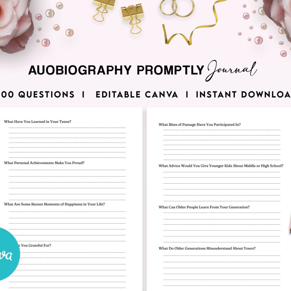 Autobiography Promptly Journal 100 Editable Templates, 8.5×11″ Canva KDP Planner editable interior COMMERCIAL Use