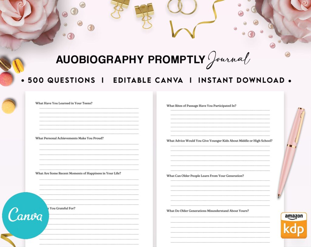 Autobiography Promptly Journal 100 Editable Templates, 8.5×11″ Canva KDP Planner editable interior COMMERCIAL Use