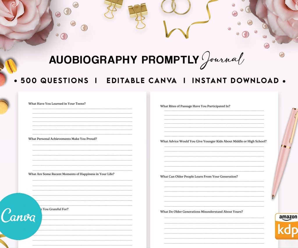 Autobiography Promptly Journal 100 Editable Templates, 8.5×11″ Canva KDP Planner editable interior COMMERCIAL Use