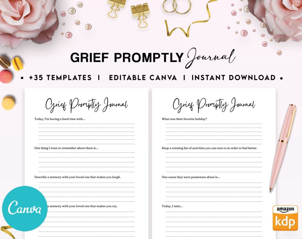 Grief Promptly Journal 37 Editable Templates, 8.5×11″ Canva KDP Planner editable interior COMMERCIAL Use