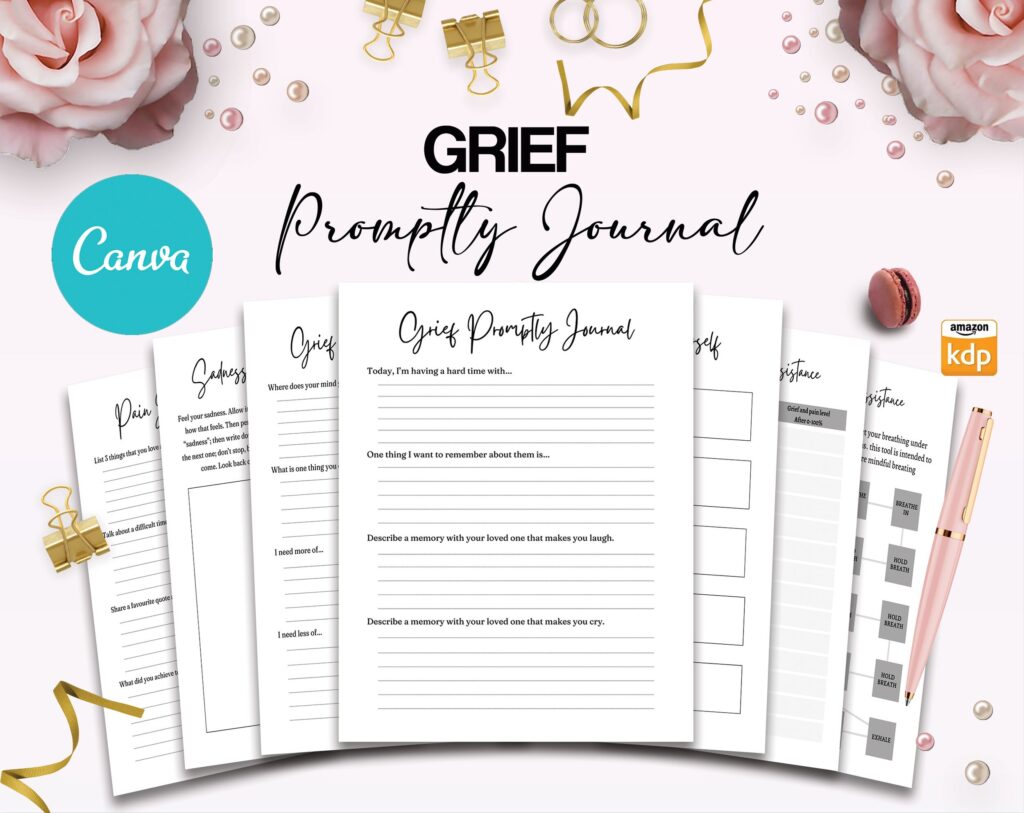 Grief Promptly Journal 37 Editable Templates, 8.5×11″ Canva KDP Planner editable interior COMMERCIAL Use