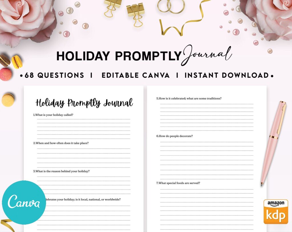 Holiday Promptly Journal 22 Editable Templates, 8.5×11″ Canva KDP Planner editable interior COMMERCIAL Use