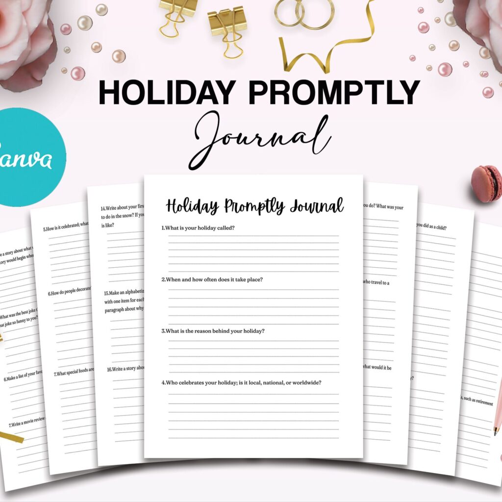 Holiday Promptly Journal 22 Editable Templates, 8.5×11″ Canva KDP Planner editable interior COMMERCIAL Use