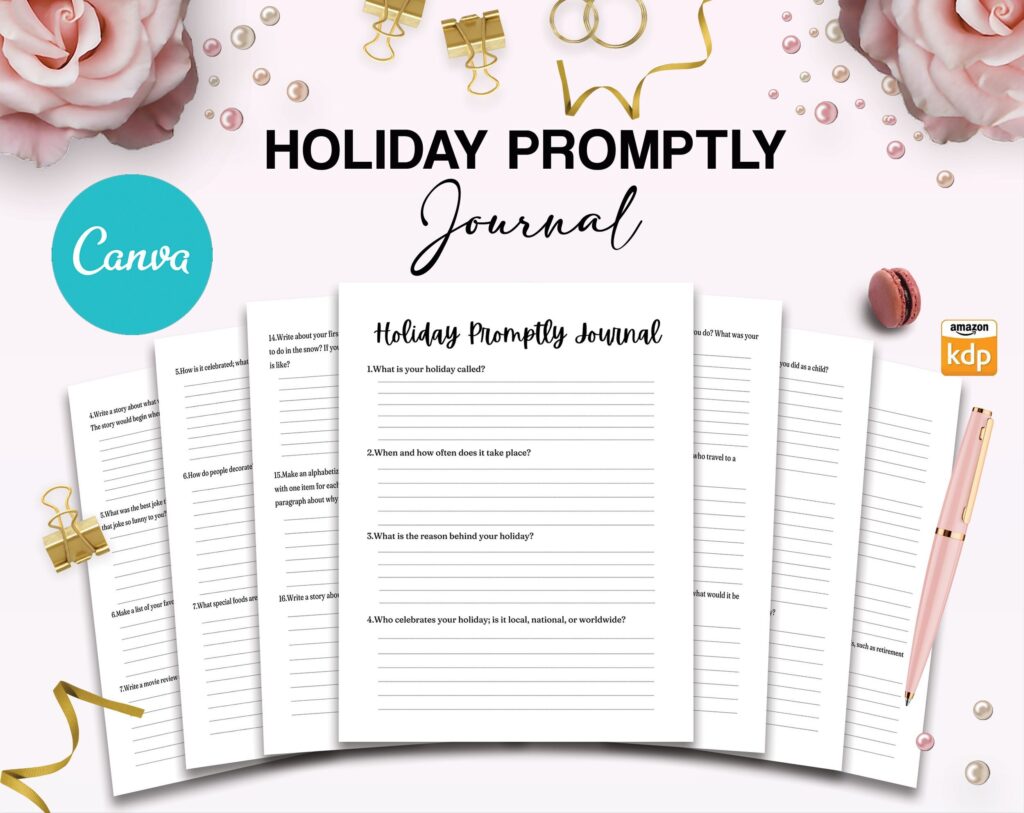 Holiday Promptly Journal 22 Editable Templates, 8.5×11″ Canva KDP Planner editable interior COMMERCIAL Use
