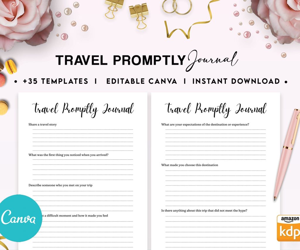 Travel Promptly Journal 36 Editable Templates, 8.5×11″ Canva KDP Planner editable interior COMMERCIAL Use