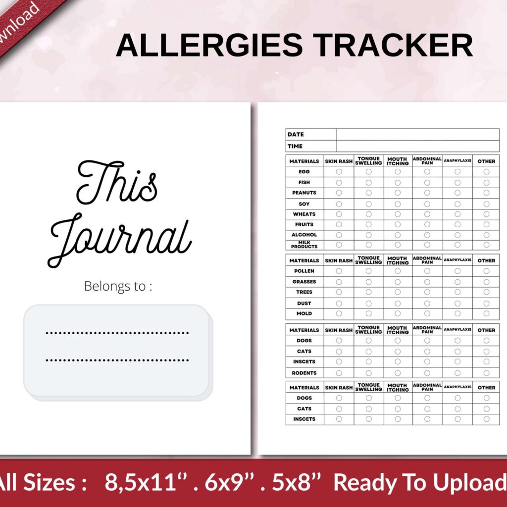 ALLERGIES TRACKER 120 pages Ready to Upload PDF used as Low Content Planner tracker or Log Book KDP, Size 6×9 8.5×11 5×8 Commercial Use