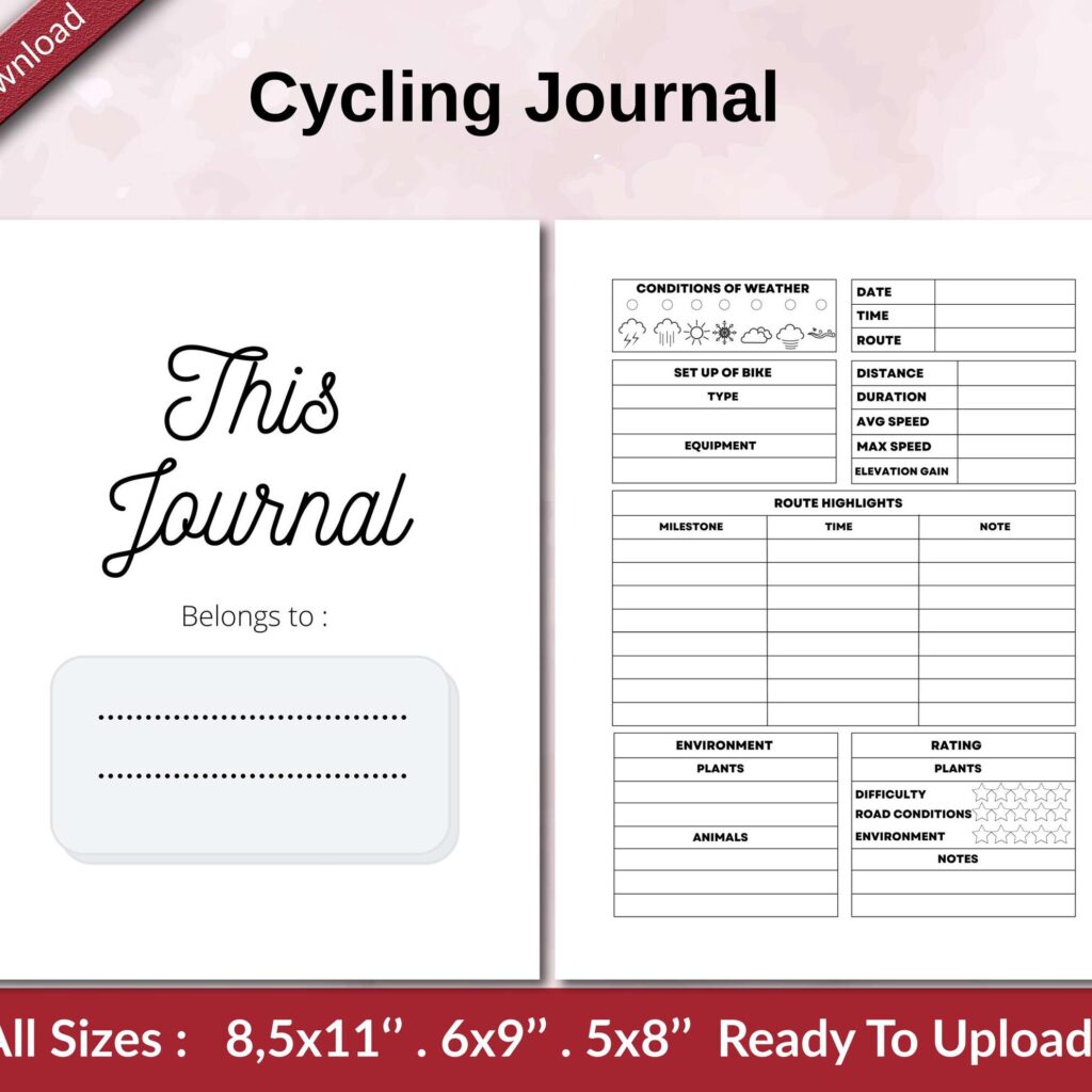 Cycling Journal 120 pages Ready to Upload PDF used as Low Content Planner tracker or Log Book KDP, Size 6×9 8.5×11 5×8 Commercial Use