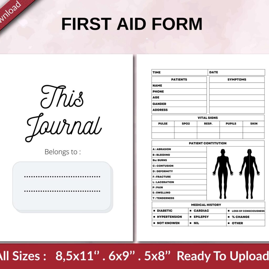 FIRST AID FORM 120 pages Ready to Upload PDF used as Low Content Planner tracker or Log Book KDP, Size 6×9 8.5×11 5×8 Commercial Use