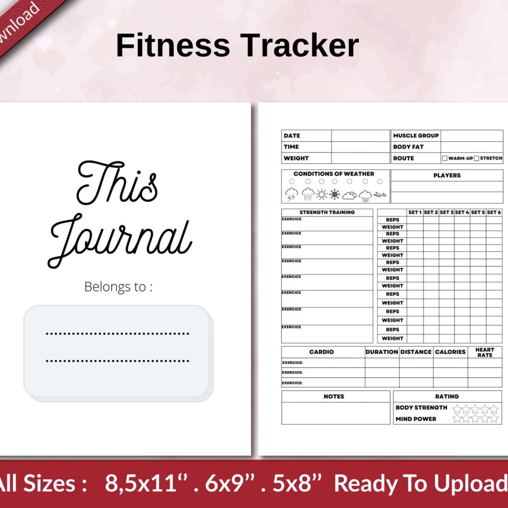 Fitness Tracker 120 pages Ready to Upload PDF used as Low Content Planner tracker or Log Book KDP, Size 6×9 8.5×11 5×8 Commercial Use