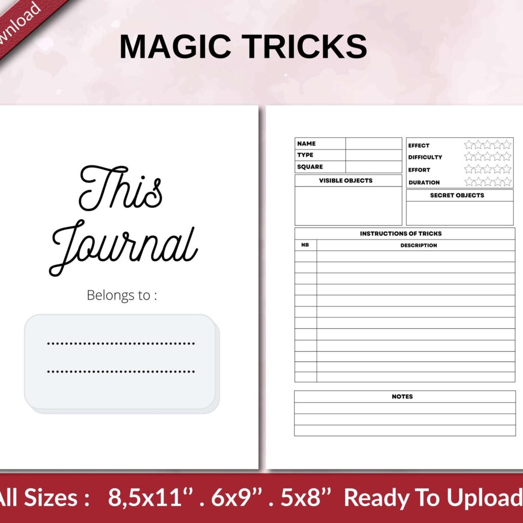 MAGIC TRICKS 120 pages Ready to Upload PDF used as Low Content Planner tracker or Log Book KDP, Size 6×9 8.5×11 5×8 Commercial Use