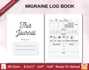 MIGRAINE LOG BOOK 120 pages Ready to Upload PDF used as Low Content Planner tracker or Log Book KDP, Size 6×9 8.5×11 5×8 Commercial Use