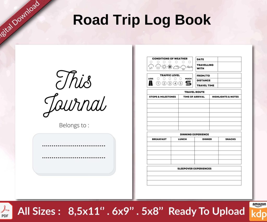 Road Trip Log Book 120 pages Ready to Upload PDF used as Low Content Planner tracker or Log Book KDP, Size 6×9 8.5×11 5×8 Commercial Use