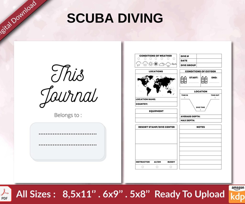 SCUBA DIVING 120 pages Ready to Upload PDF used as Low Content Planner tracker or Log Book KDP, Size 6×9 8.5×11 5×8 Commercial Use