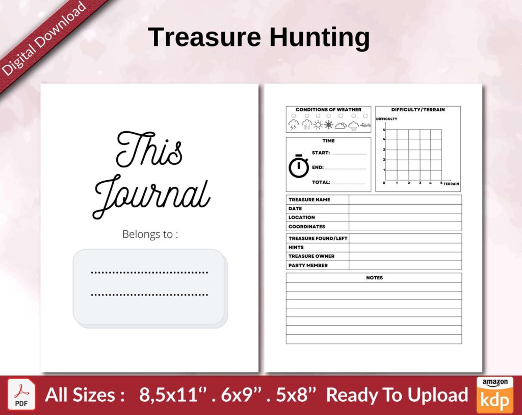 Treasure Hunting 120 pages Ready to Upload PDF used as Low Content Planner tracker or Log Book KDP, Size 6×9 8.5×11 5×8 Commercial Use