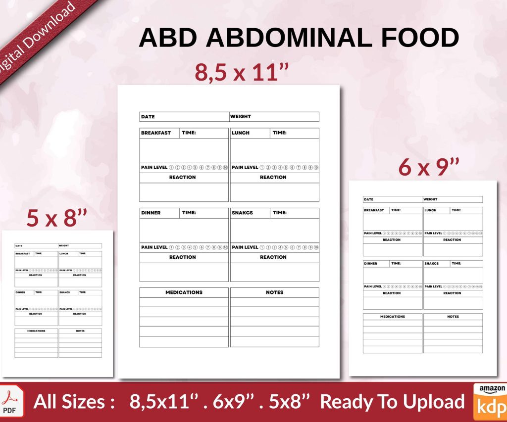 ABD ABDOMINAL FOOD 120 pages Ready to Upload PDF used as Low Content Planner tracker or Log Book KDP, abdominal pain diary, Size 6×9 8.5×11 5×8 Commercial Use